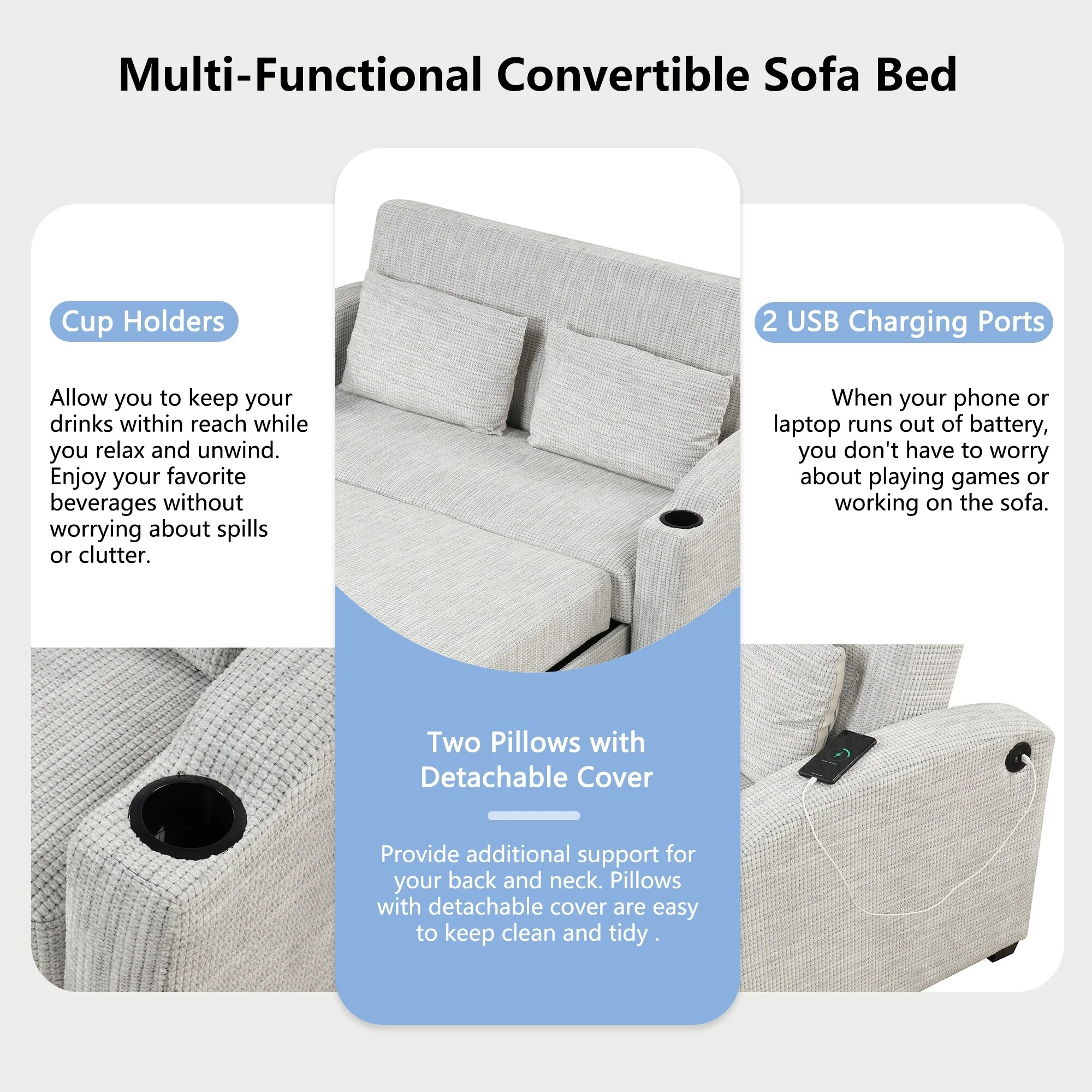 Pull Out Sofa Bed Modern Chenille Convertible Loveseat Sofa With Adjsutable Backrest, 2 Pillows, Cup Holders, Usb Ports