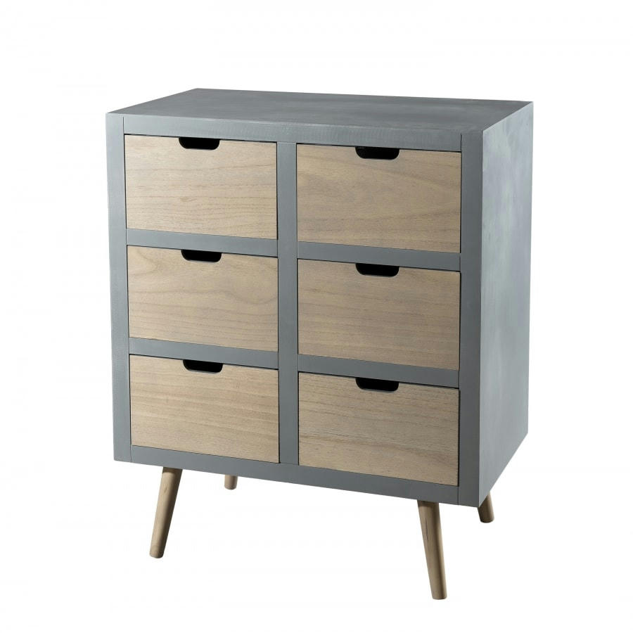 MARTIN - Commode grise en pin gris 6 tiroirs beige