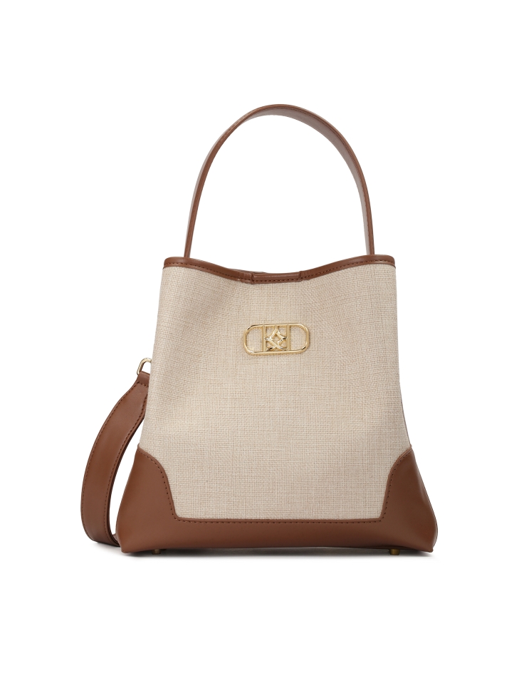 Brown leather handbag with fabric insert