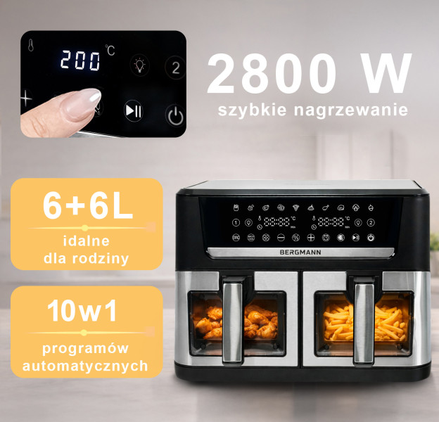 Frytkownica Beztłuszczowa 2x6L BERGMANN AirFryer 2800W 12 Programów