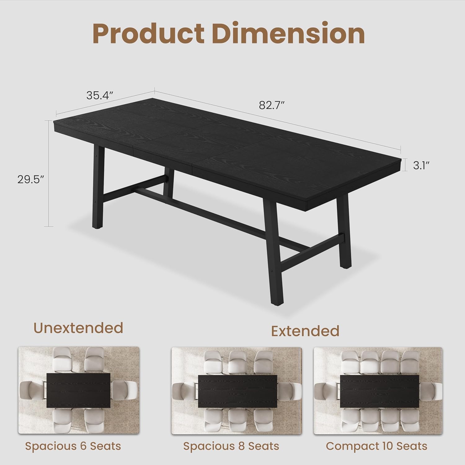 GarveeHome 63-83 Extendable Dining Table, Industrial Rectangular Dining Room Table for 6-8 People, Expandable Kitchen Table with Heavy Duty Metal Frame for Dining Room, Kitchen & Parties, Black