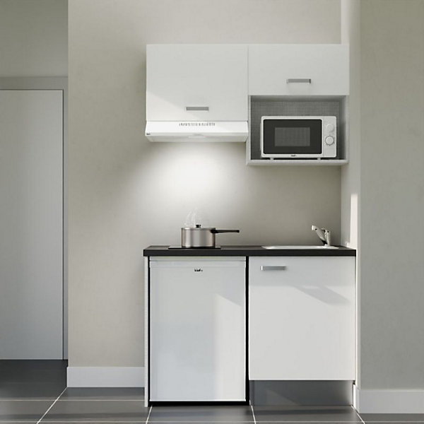 Kitchenette K02 façades Blanc - Plan de travail Noir texturé - Crédences : Non - Evier inox - Electroménager Blanc inclus
