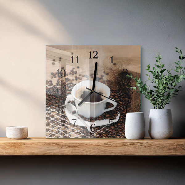 Szklany zegar 30x30 Filiżanka Kawy dekoracyjny do salonu