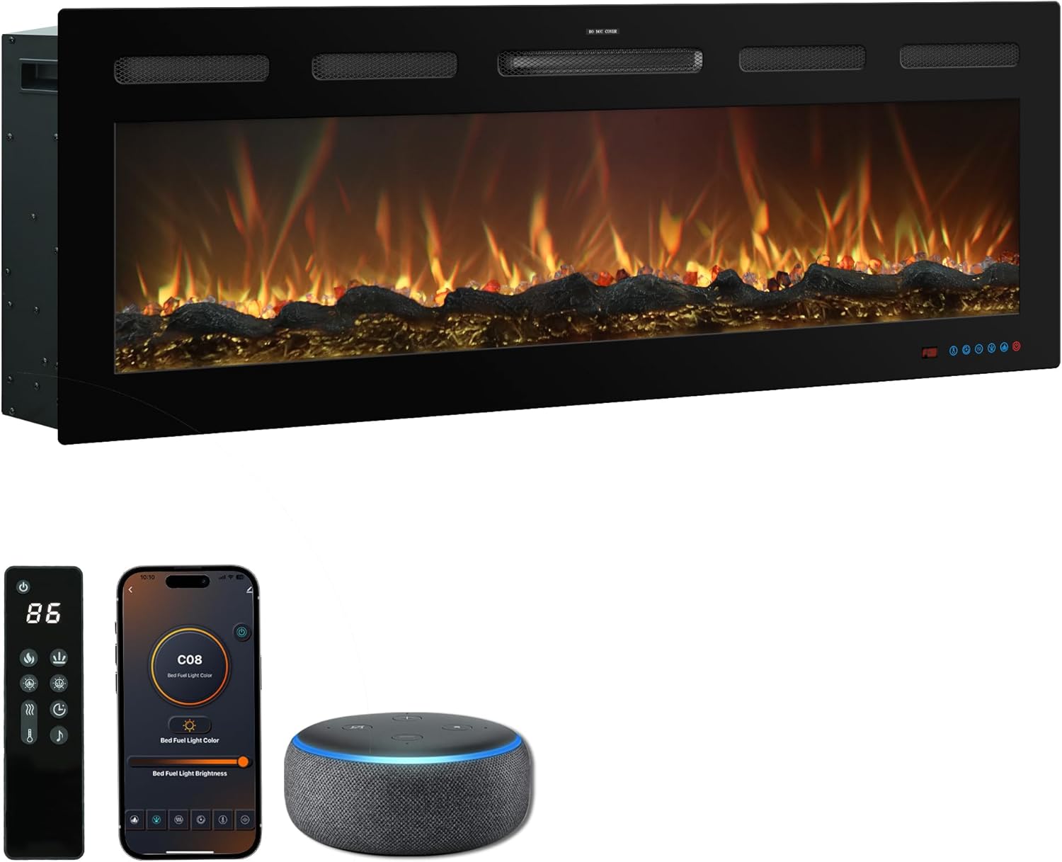 50 Inch WiFi Electric Fireplace Heater with Sound, Wall Mounted, Recessed or Free‑Standing, 750/1500W, 13 Flame & Fuel Bed Colors, Dimmable, Remote & App Control, Alexa & Google Home