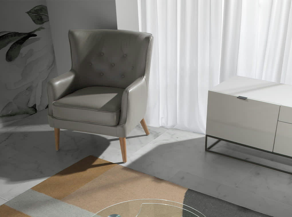 - Fauteuil rembourré cuir gris pieds noyer