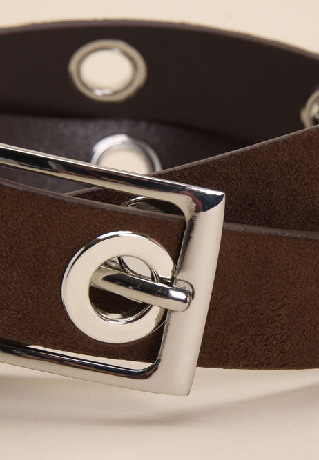 Womens Chocolate Brown Faux Suede Eyelet Belt