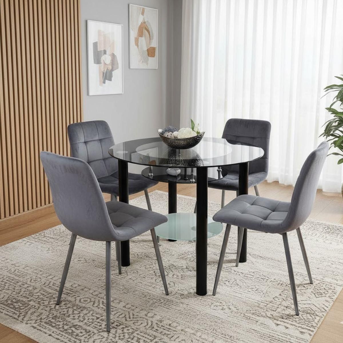 KOSY KOALA Round Black Glass Dining Table Set with 4 Grey Velvet Chairs