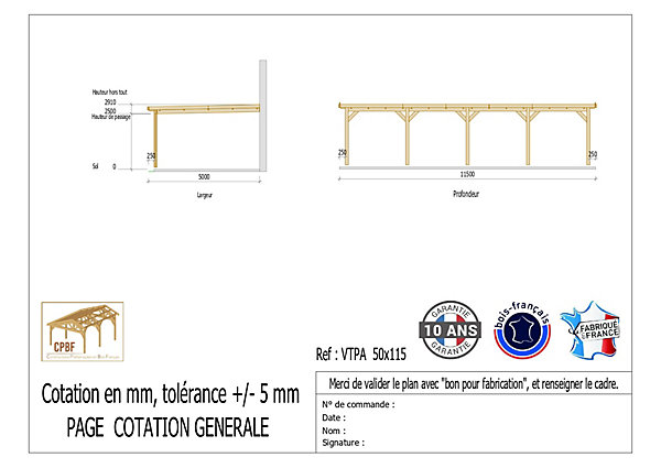 Carport adossé toit plat 500cmx1150cm, bois DOUGLAS Français (Charpente en bois-auvent-abri voiture) 57,50 m². Garantie 10 ans