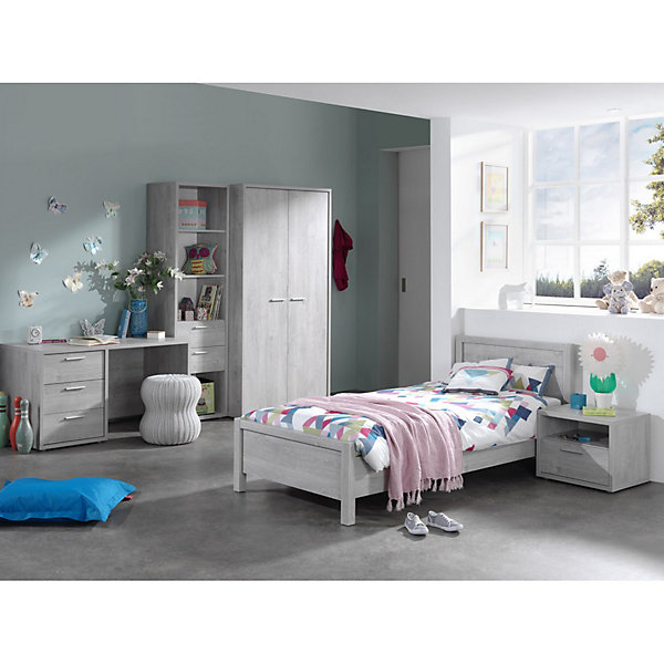 Bureau enfant robuste 3 tiroirs collection MATHEO coloris gris effet bois