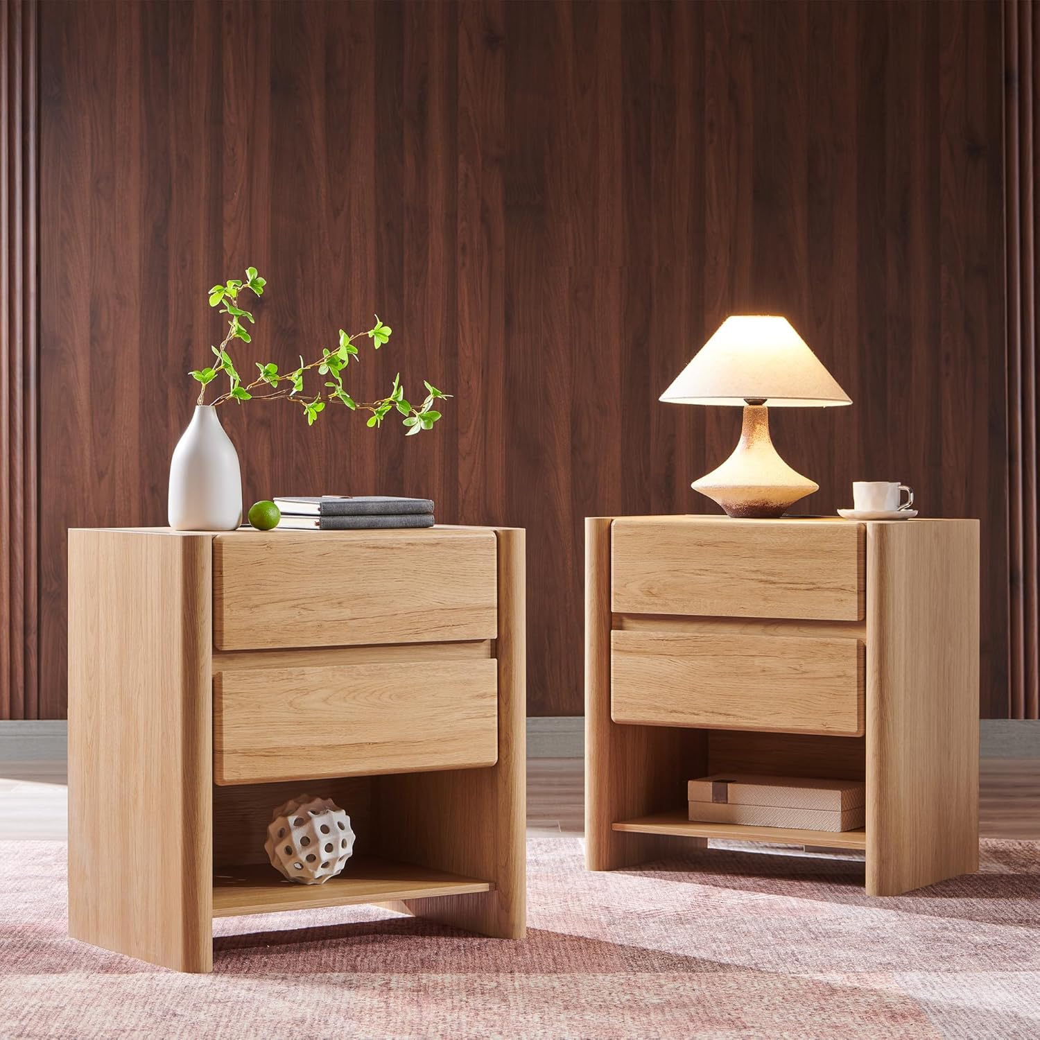 25 Tall Modern Nightstand Set of 2, 23.6 W Nightstand with Charging Station & 2 Storage Drawers & Open Shelf, Wood Night Stand w/Rounded Corner Design for Bedroom (Natural)