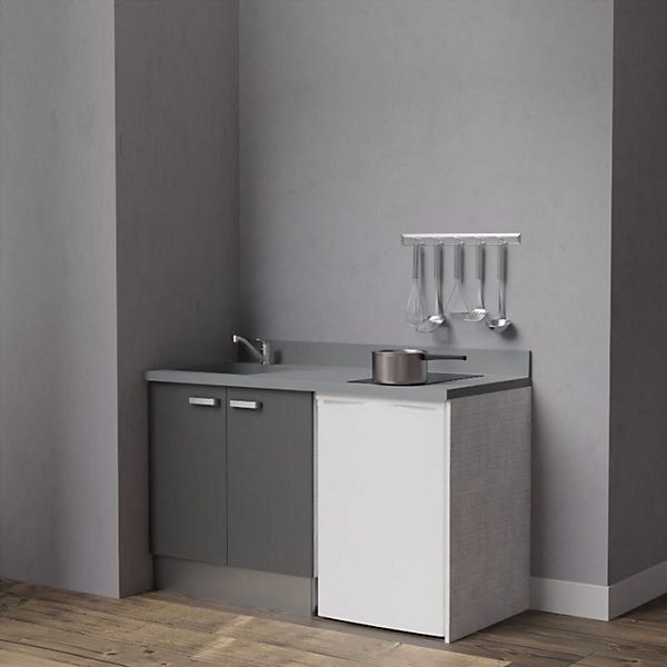 Kitchenette K17 - 140 cm - façades Gris - Plan monobloc en quartz coloris Cromo évier à gauche