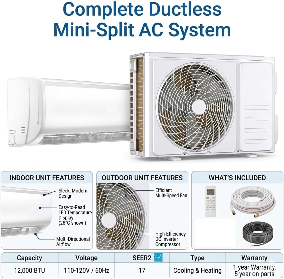 Vtronix Classic America 12000 BTU Smart Mini Split AC/Heat Pump, 19 SEER2 Inverter Ductless Wall Mount, 110/120V, Quiet 29dB, WiFi/Alexa, Pre-Charged, 16ft Line Set Kit, Up to 550 Sq Ft