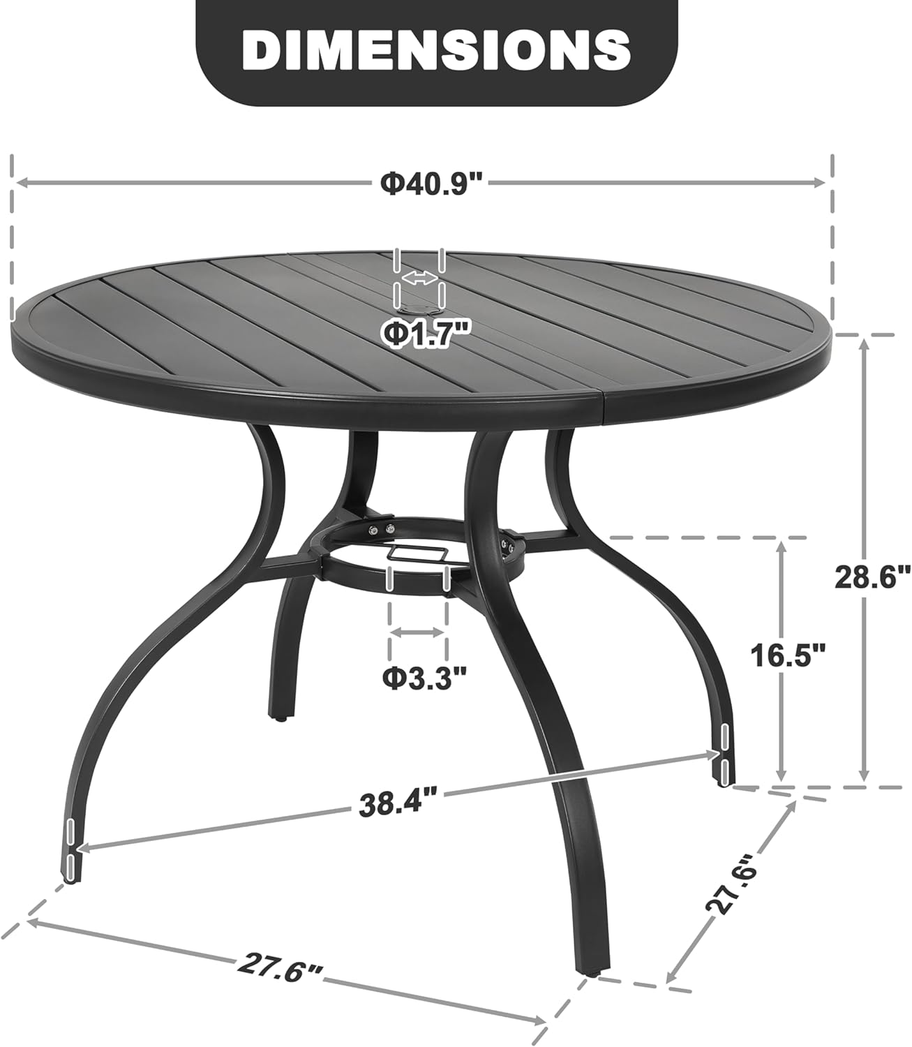 NUU GARDEN 41 Round Metal Outdoor Patio Dining Table for 4, All-Weather Slatted Outdoor Table with 1.57 Umbrella Hole and Adjustable Feet for Lawn Garden Backyard, Black