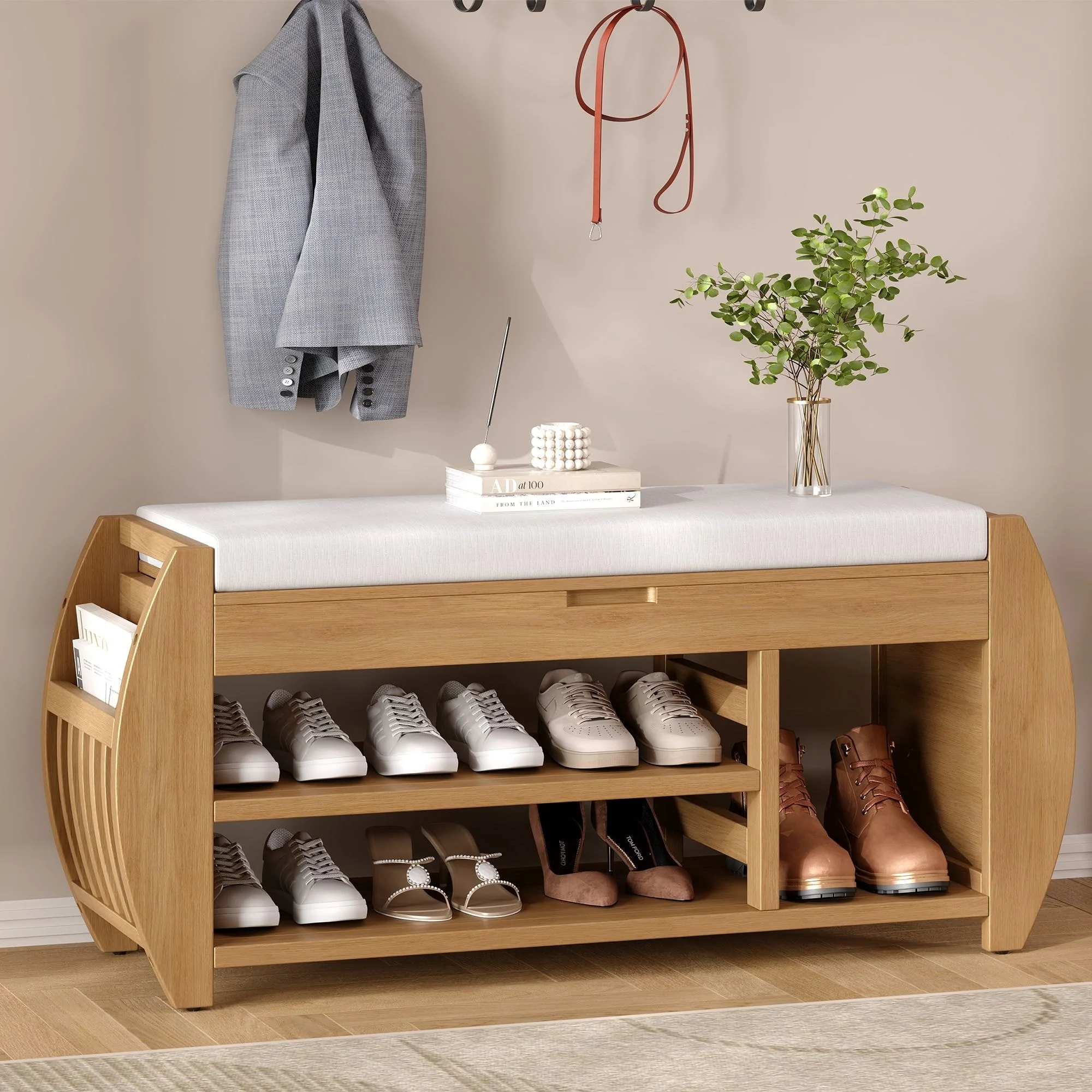Shoe Storage Bench with Cushion and Curved Side, Entryway Bench with Hidden Storage and Open Shelves for Living Room