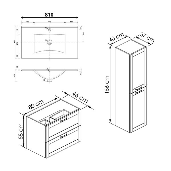 Ensemble meuble de salle de bain 80 cm   colonne - Effet chêne hamilton - A suspendre - Cambridge
