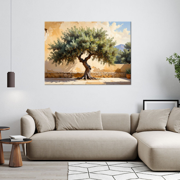 Obraz do salonu sypialni biura, Drzewko oliwne na tle muru 30x20
