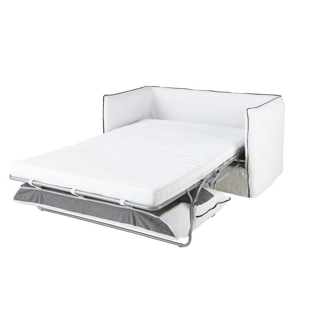 Louvain - Canapé convertible 2 places en lin lavé blanc et volants noirs