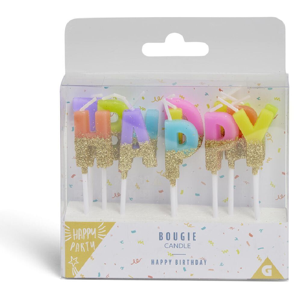 Bougie anniversaire lettres Happy Birthday multicolore et doré