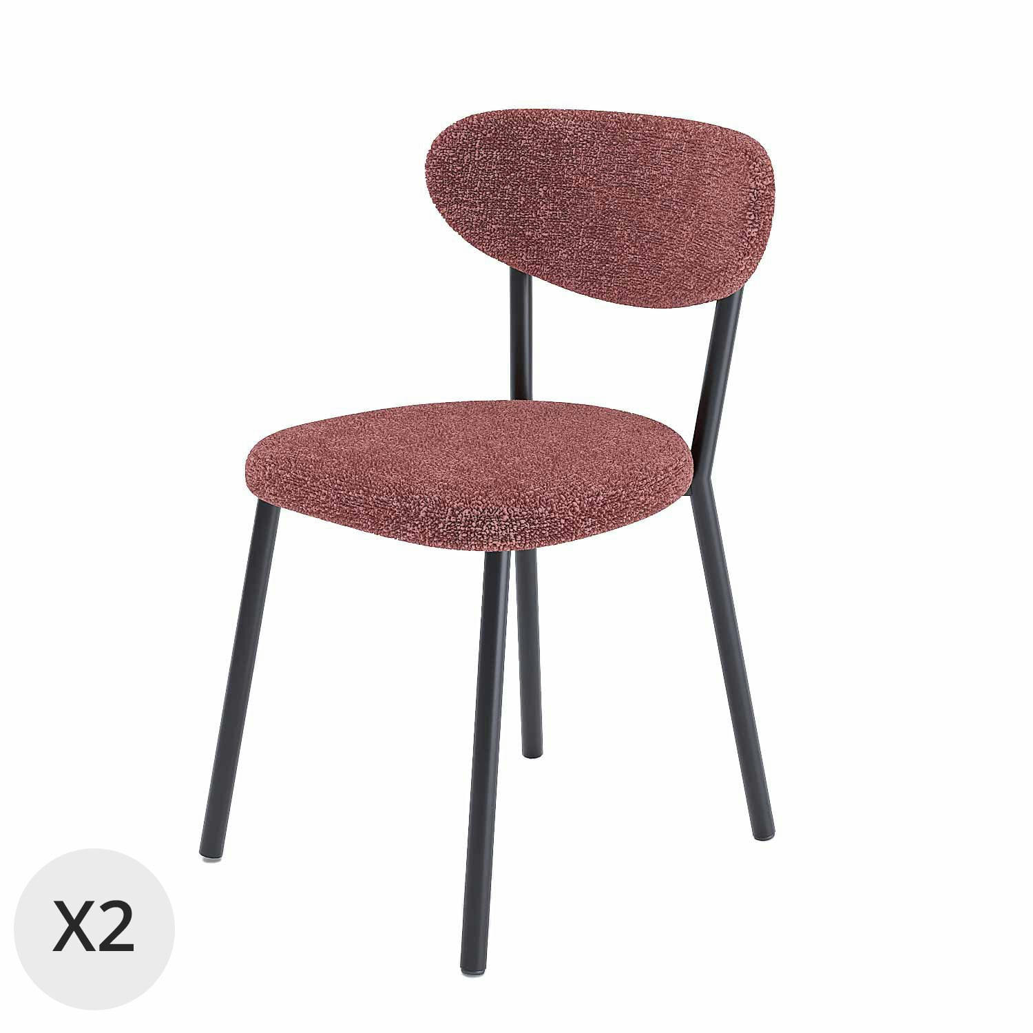 LOLA - Lot de 2 chaises tissu bouclette rose pied métal