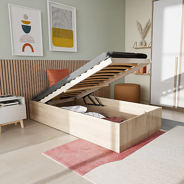 Lit coffre BILBAO 90x200 cm   sommier / Décor chêne blanchi