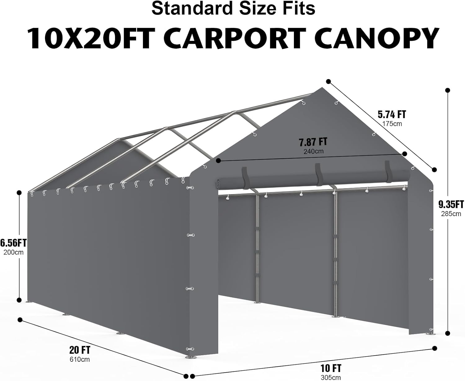Carport Replacement Canopy Cover Sidewalls for 10x20x9.35FT Frame, Heavy Duty Garage Car Tent Shelter Tarp with Ball Bungees, Waterproof & UV Protected (Frame is not Included) (Grey)