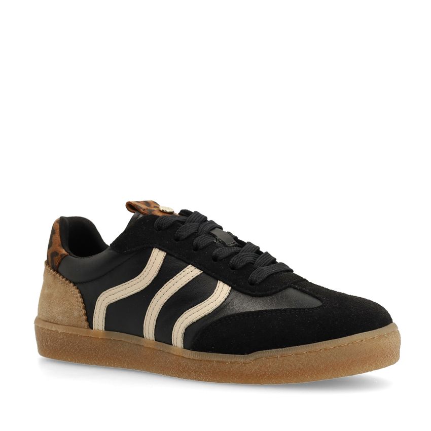 No Stress Zwarte leren sneakers met leopard details