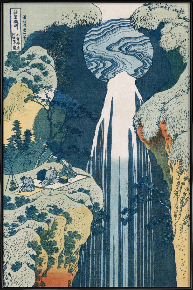HOKUSAI - AMIDA WATERFALL ON THE KISO HIGHWAY - Affiche dans cadre standard (noir) blanc ivoire & bleu 40x60