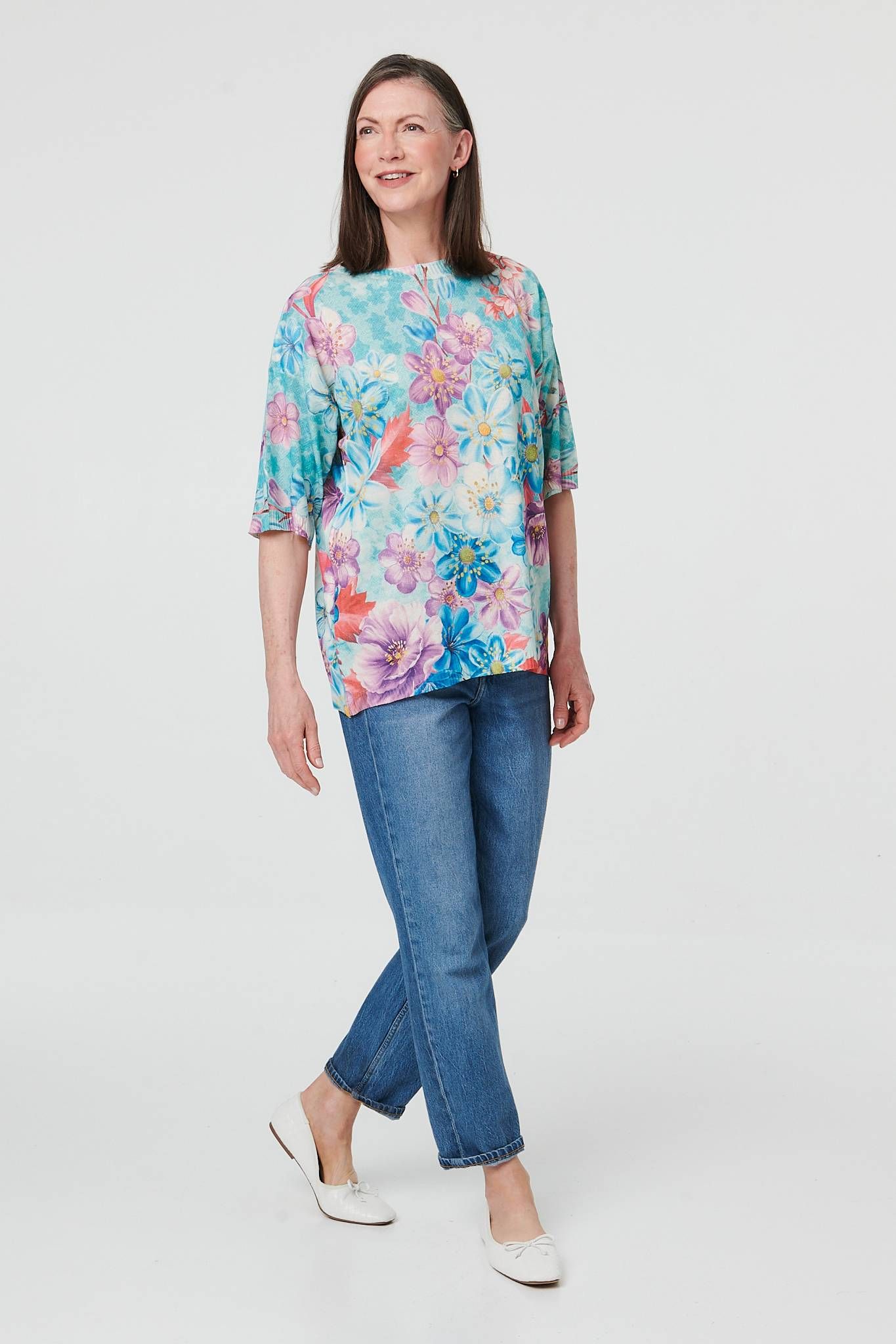 Izabel London Floral 1/2 Sleeve Relaxed Knit Top