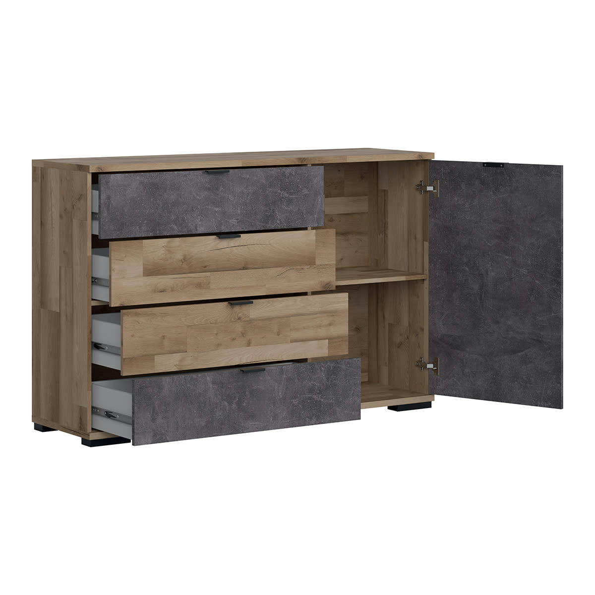 - Buffet 1 porte 4 tiroirs stratifiés naturel et gris