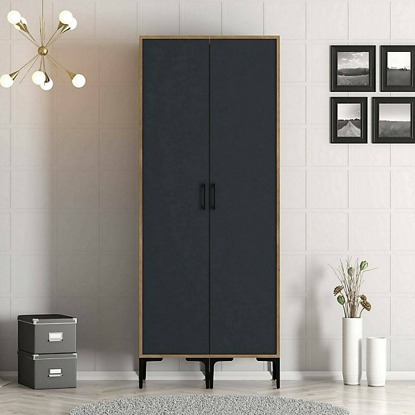 Garde-robe 2 portes Acate, Meubles de chambre, Penderie de plain-pied, Placard à vêtements, 80x201h48 cm, Noyer et Anthracite