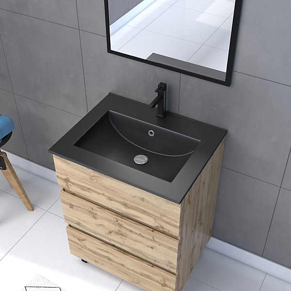 Ensemble sous vasque à poser effet chêne industriel 3 tiroirs   vasque noire   1 miroir, l.60 cm, Galedo Timber