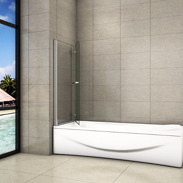 Pare baignoire L.100 x H.140cm pivotant à 180 avec 2 étagères et porte-serviette - 6mm verre sécurit -Installation réversible