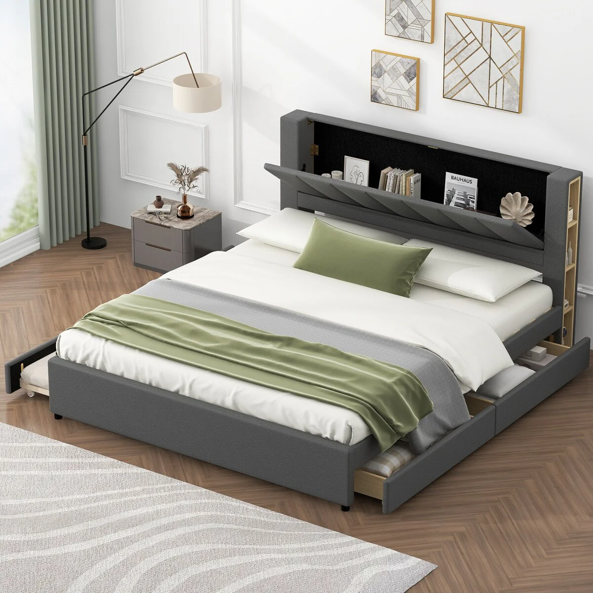 Nestfair King Size Upholstery Platform Bed with Storage Headboard and 2 Drawers and Trundle