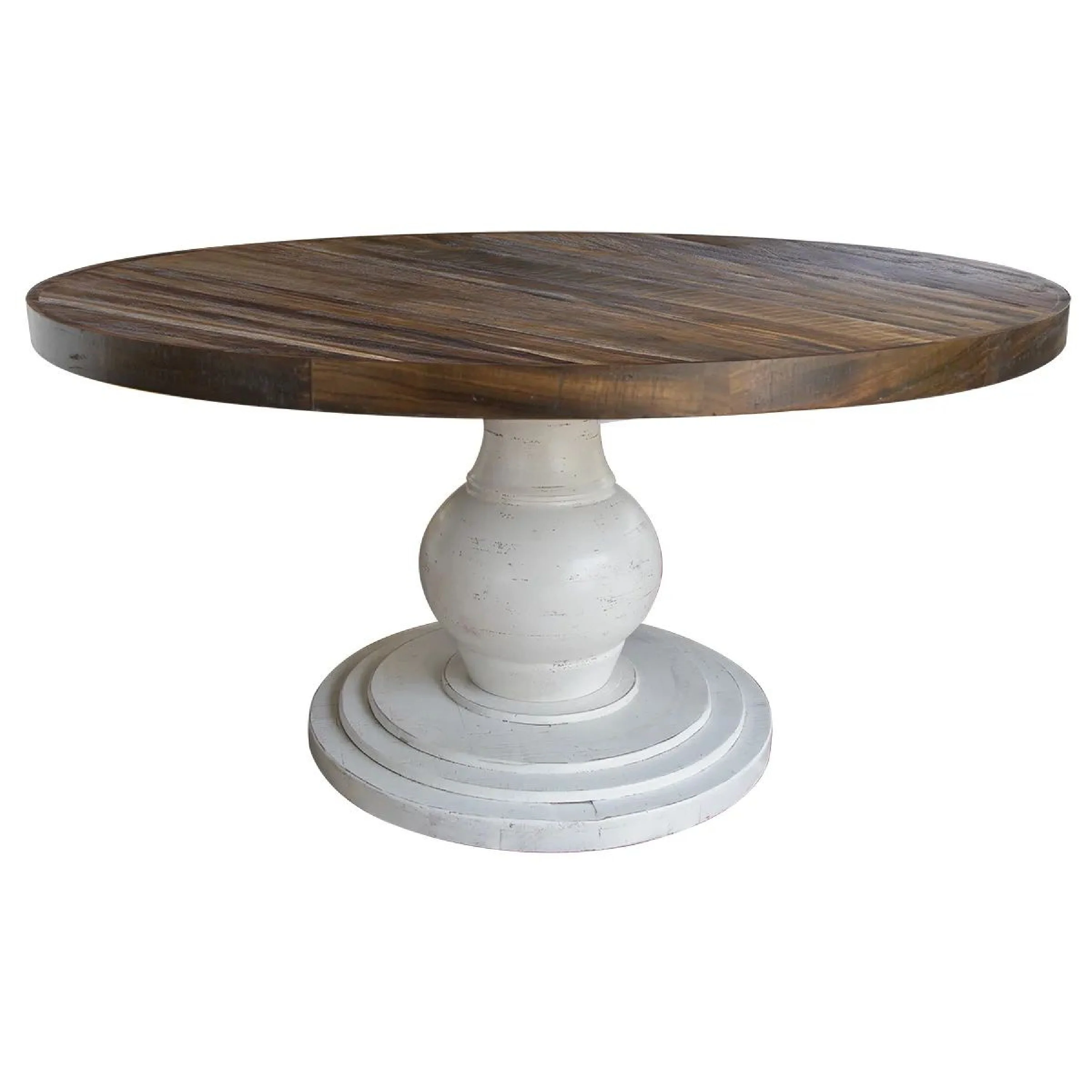 Ria Dining Table, Brown and White Pine and Mango Wood, 59 Inch Round