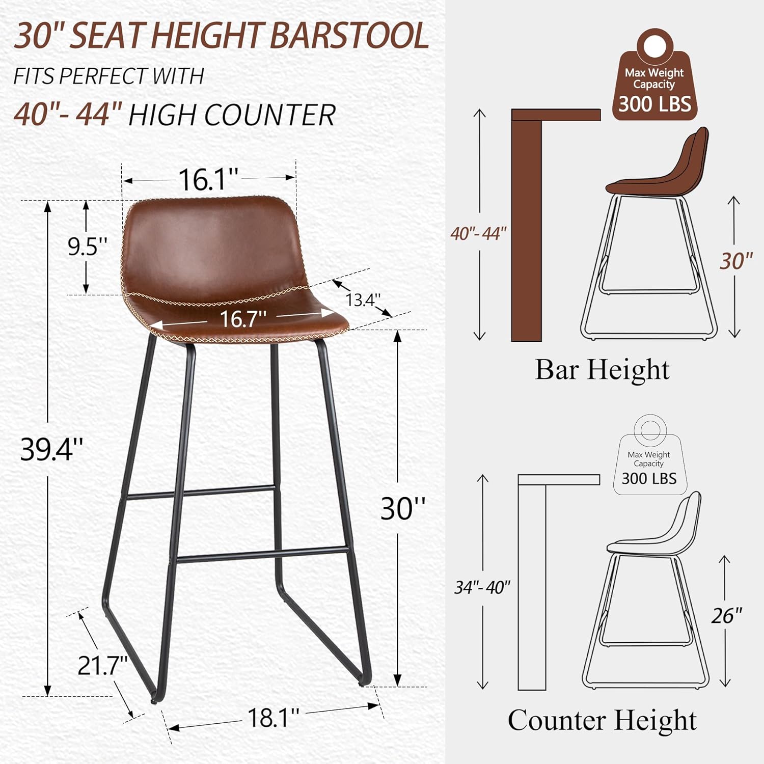 HeuGah Bar Stools, 30 Bar Height Stools Set of 4,Faux Leather Bar Stools with Back, Industrial Bar Height Barstool with Metal Legs Modern Counter Stool for Kitchen Island