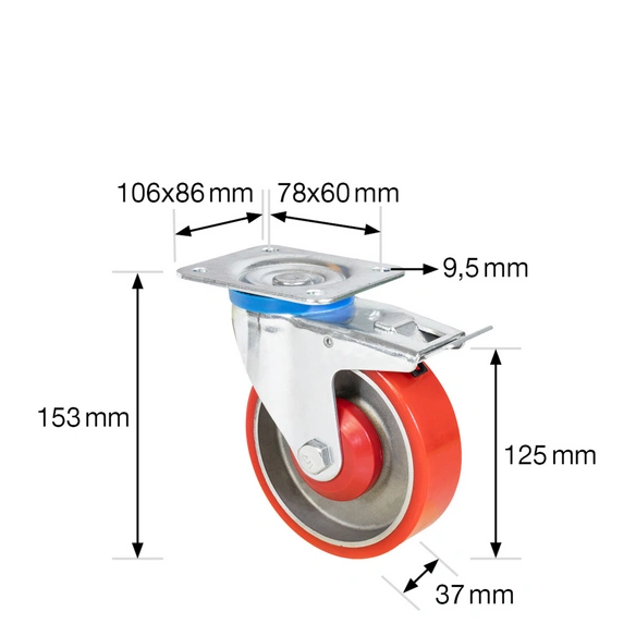 Lenkrolle, silberfarben/rot, BxH: 37 x 153 mm, max. Tragfähigkeit: 300 kg