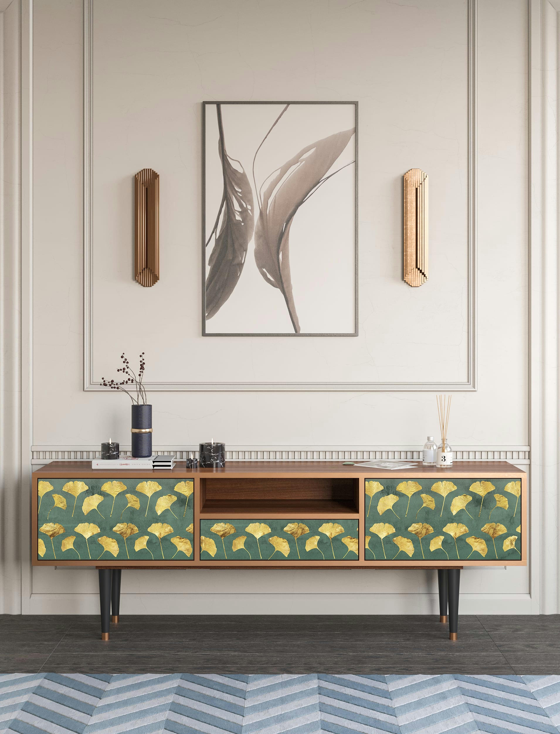 GINGKO LEAVES - Meuble TV  vert et jaune 1 tiroir et 2 portes L 170 cm