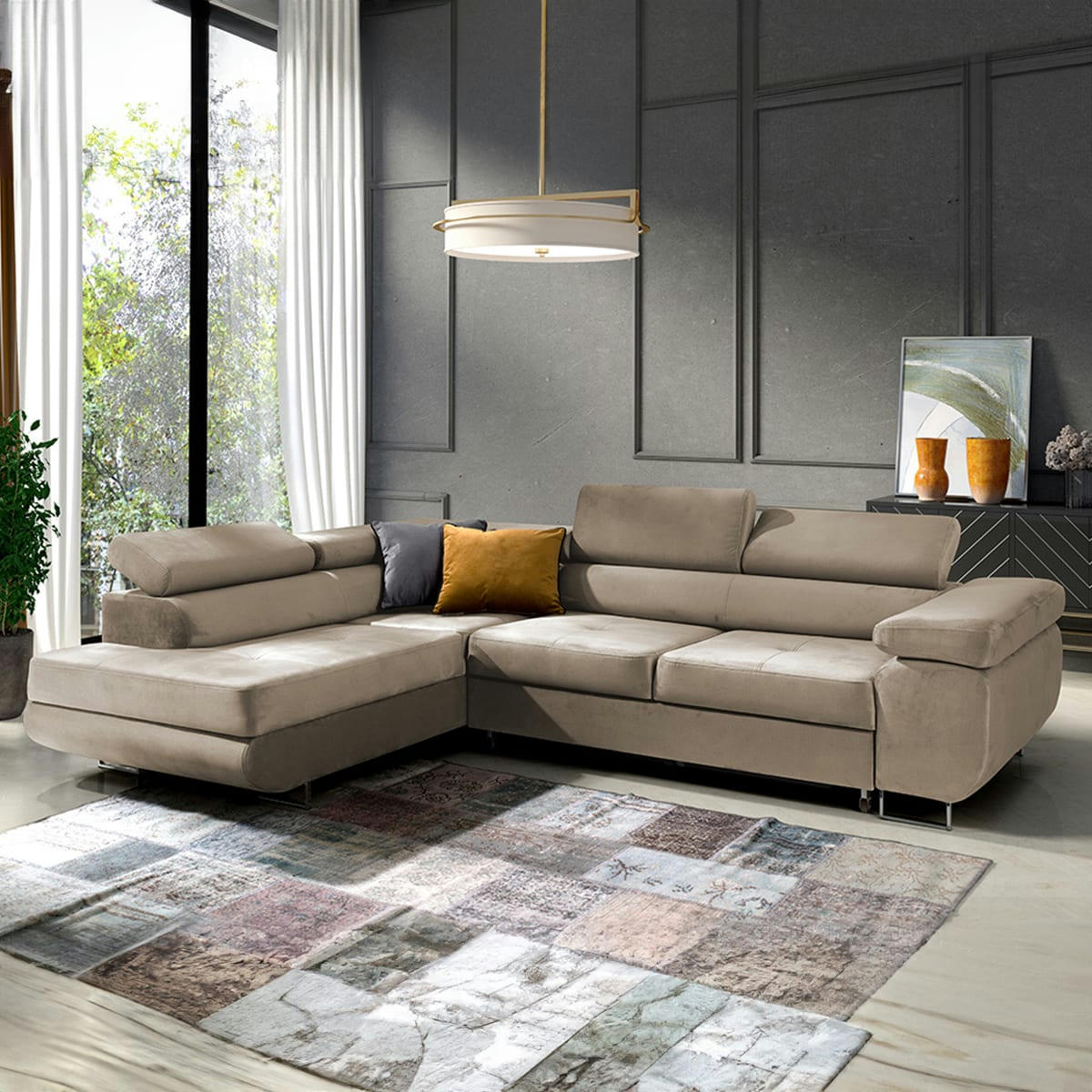 - Canapé d'angle convertible gauche 4 places velours beige