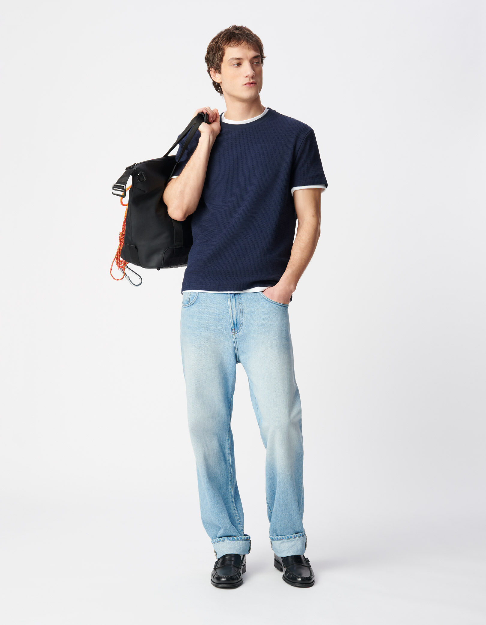 T-shirt col rond écru coton bio avec relief Homme