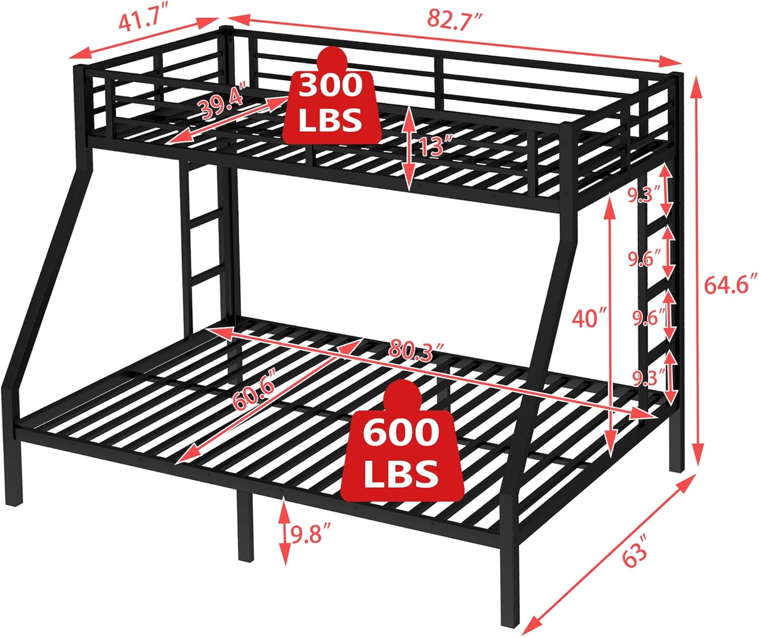 Bellemave Metal Twin XL Over Queen Bunk Bed for Adults/Kids,Heavy Duty Adults Bunk Beds with Guardrail & Ladders,Queen Size Bunk Beds for Teens,Black