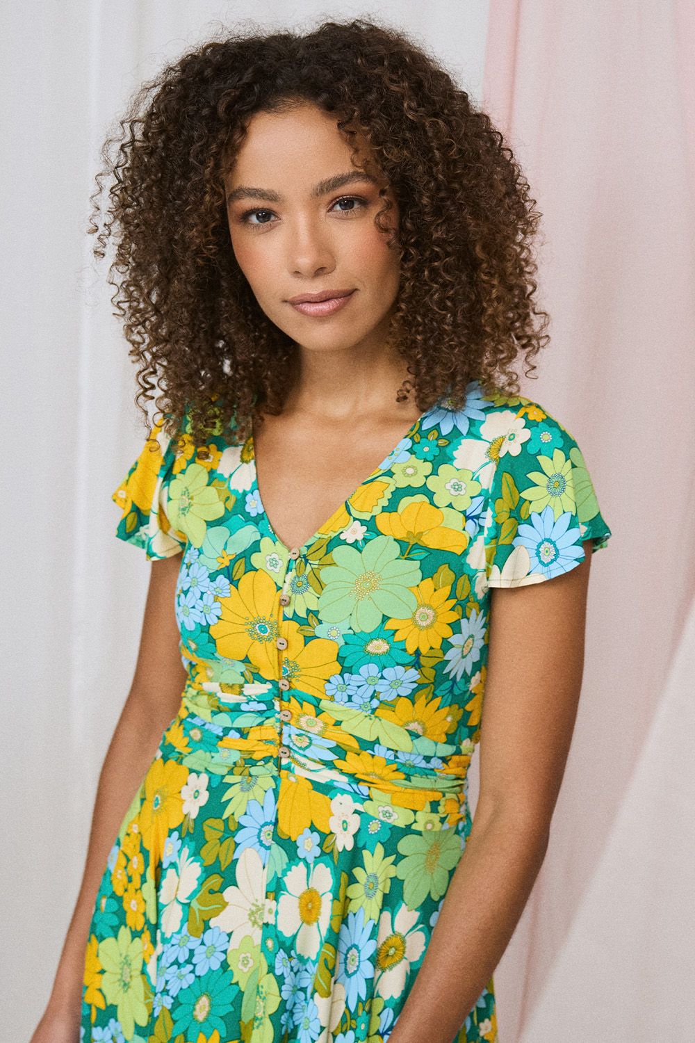 Izabel London Floral Ruched Cap Sleeve Maxi Dress