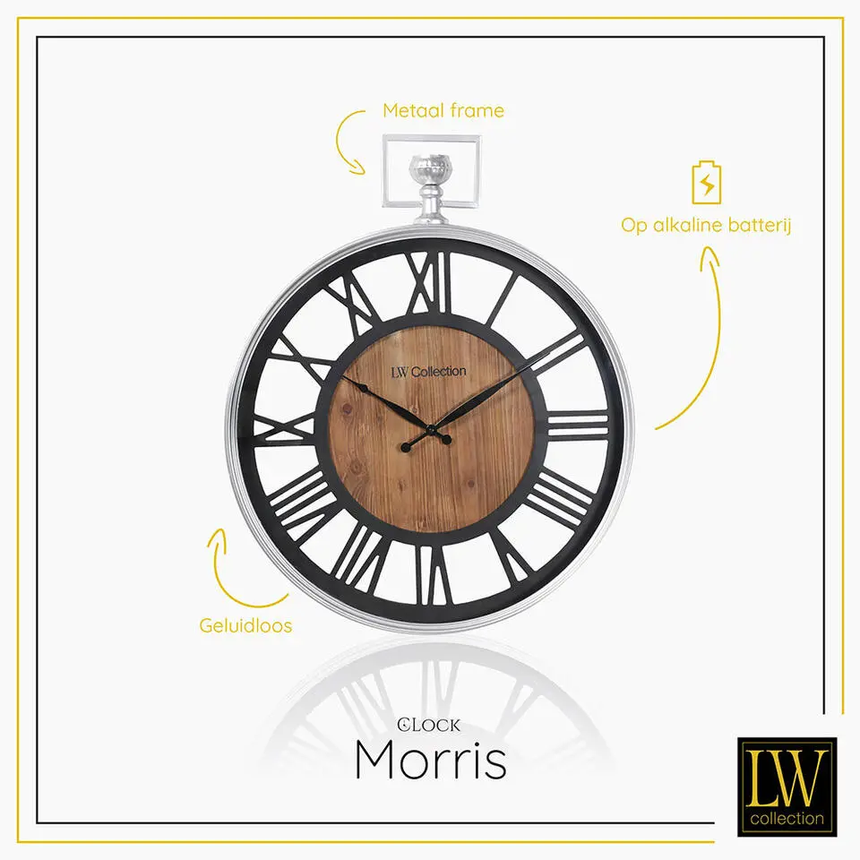 LW Collection Wandklok Morris zwart hout en zilver 60cm