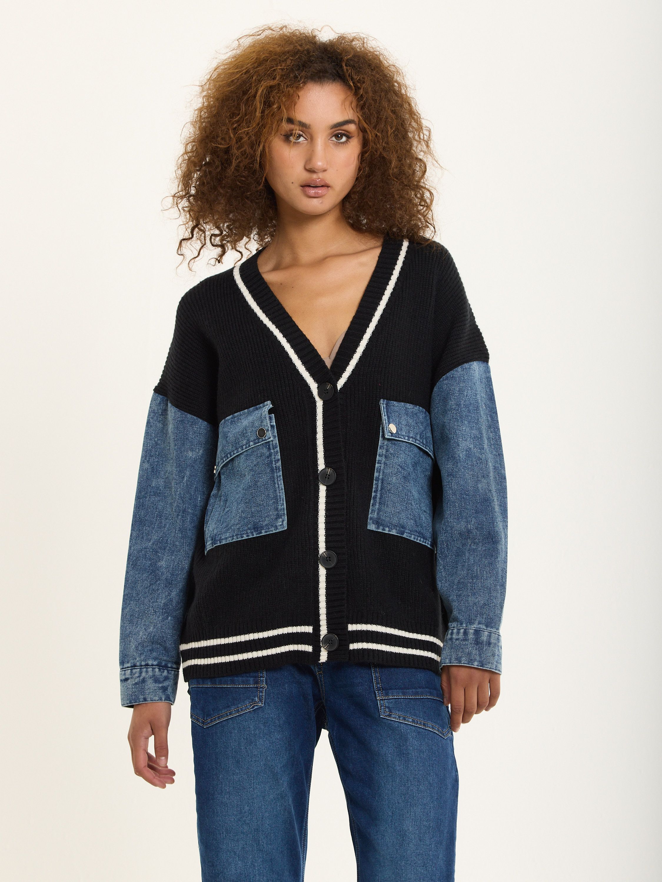 House of Holland Denim Sleeve Contrast Knit Cardigan