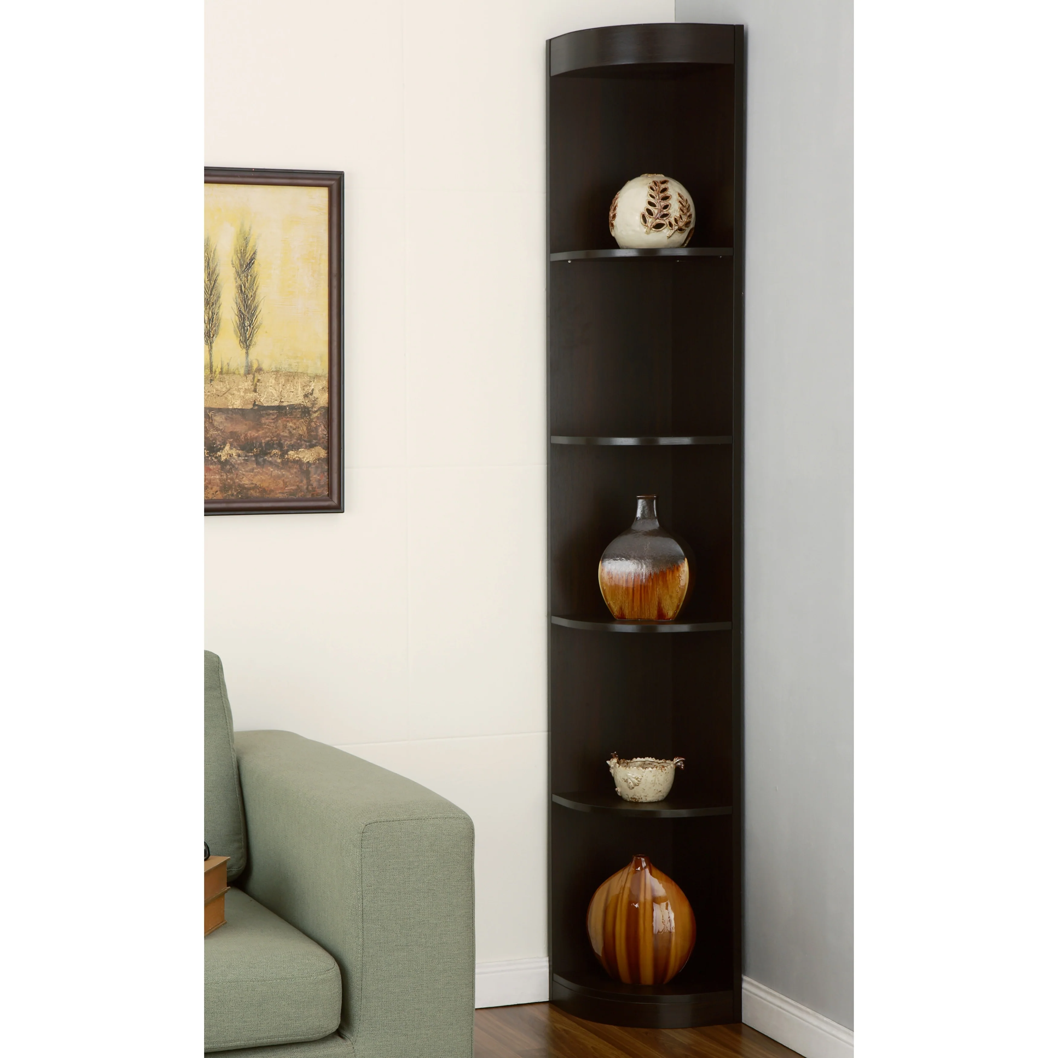 DH BASIC 5-Shelf Corner Bookcase Display Stand in Brown Cappuccino Finish by Denhour