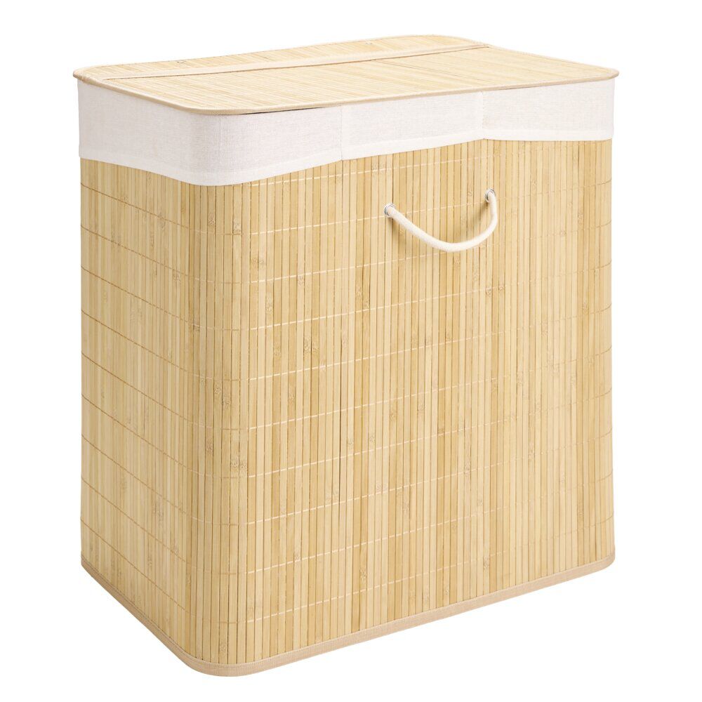Coffre à linge 3 compartiments extérieur bambou doublure polyester beige 150L