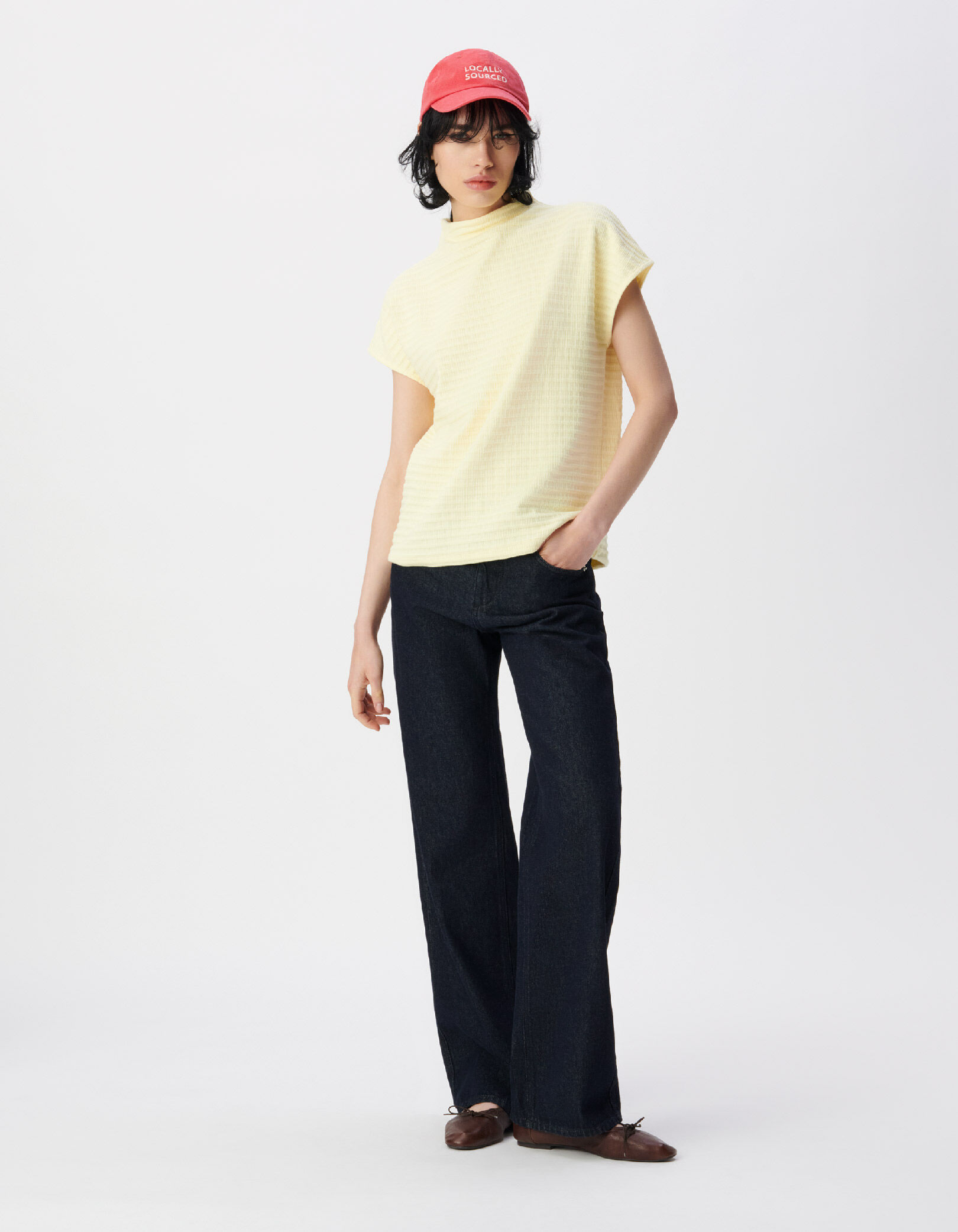 Tee-shirt col montant jaune maille relief Femme