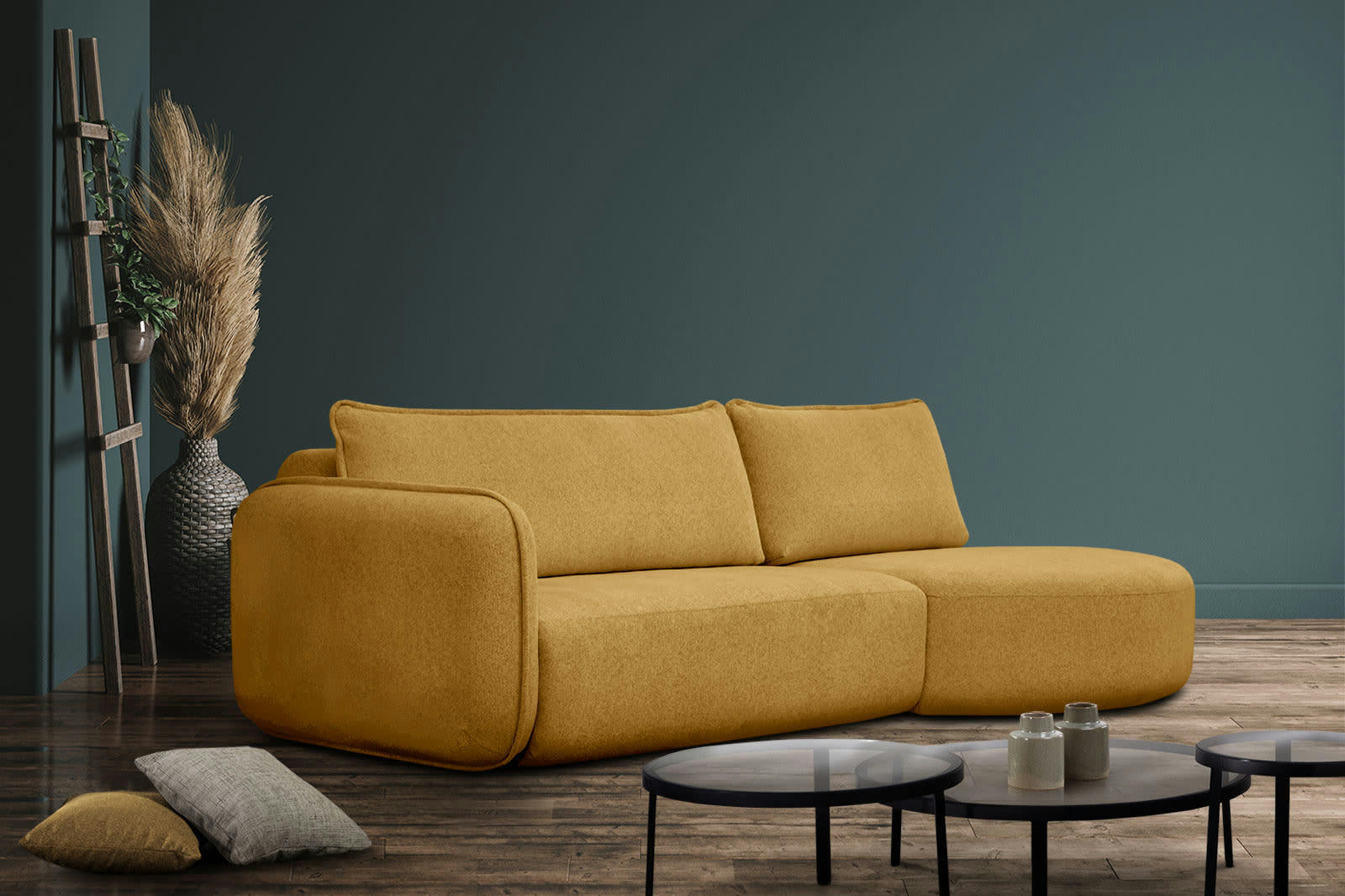 IPSUM - Canapé d'angle droit 3 places avec l'île tissu jaune