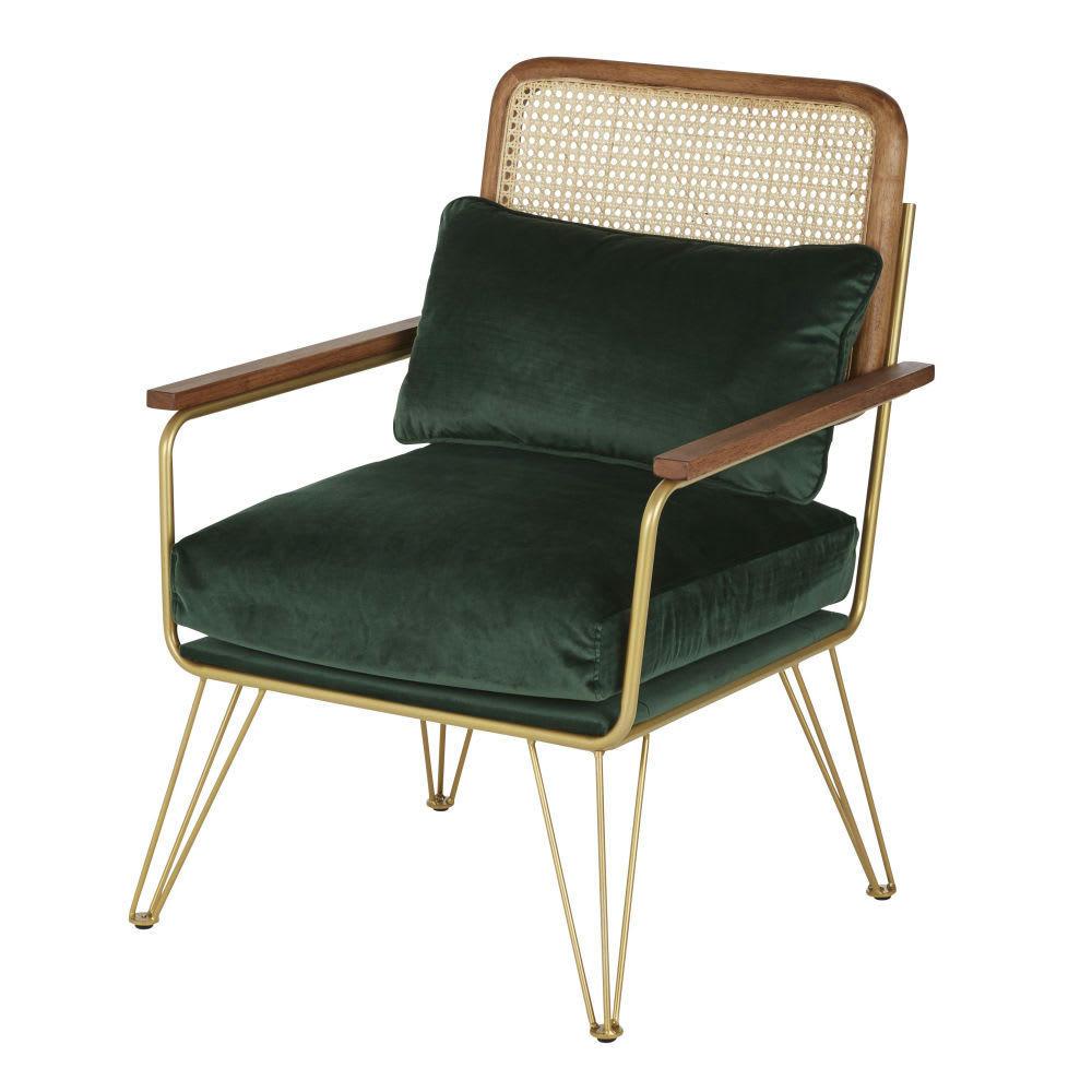 Rosalie - Fauteuil en velours vert cannage en rotin