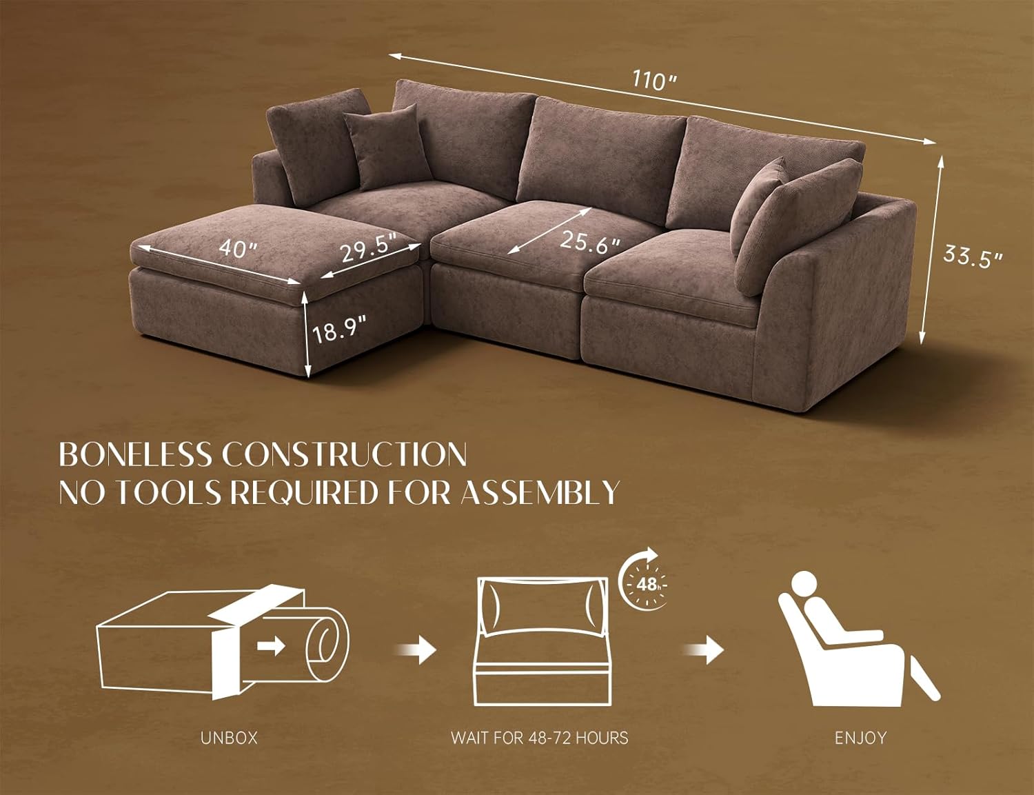 110 Cloud Sectional Couches for Living Room, Boneless L-Shape Couch with Ottoman, 3 Seater Modular Sectional Sofa, Brown