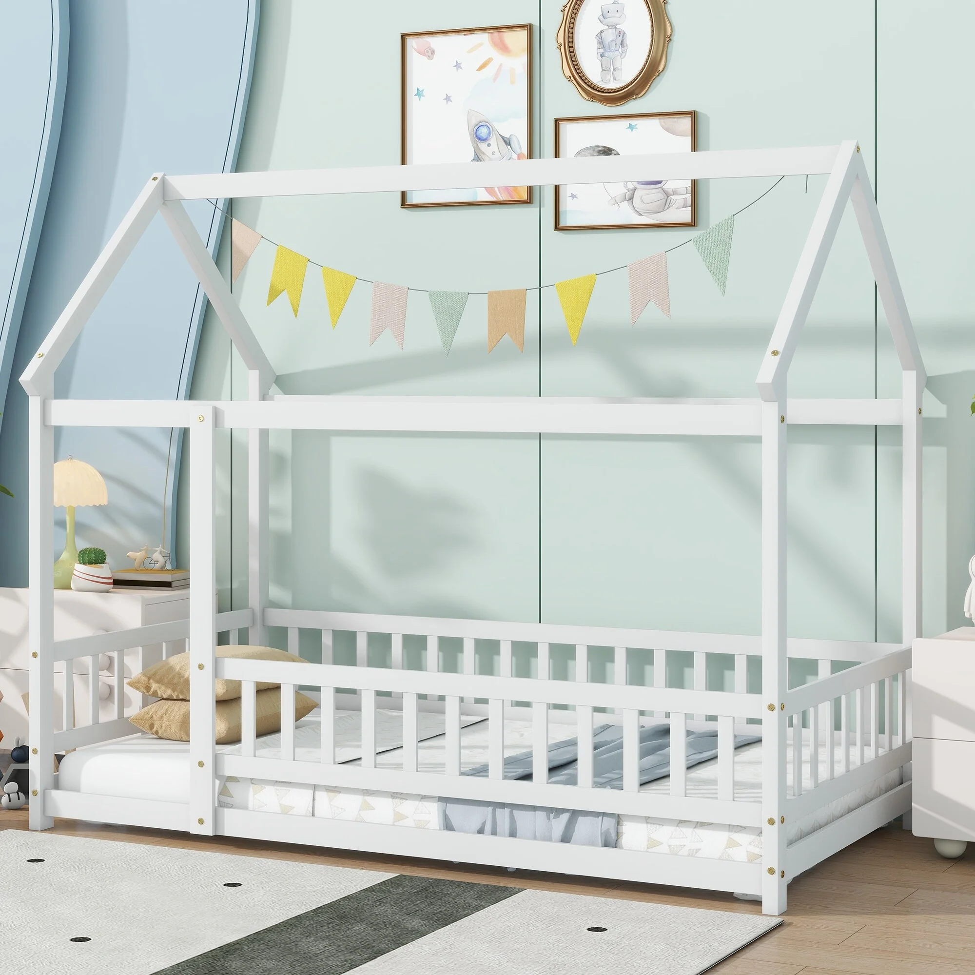 Twin Floor Bed with House Roof Frame, Safety Guardrails, and Fence Design